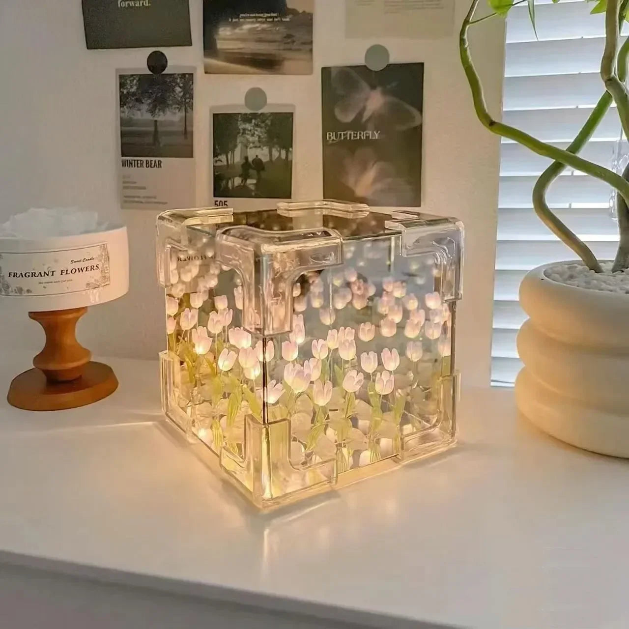 DIY Tulip Mirror Cube Lamp Simulation Flower