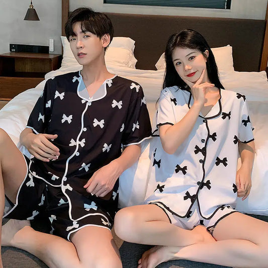 Couple’s Ice Silk Summer Pajama Set – Short-Sleeve & Shorts