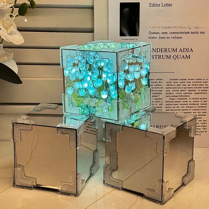 DIY Tulip Mirror Cube Lamp Simulation Flower
