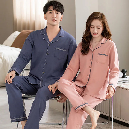 Solid Color Cotton Couple Pajama Set – Long Sleeve & Pants