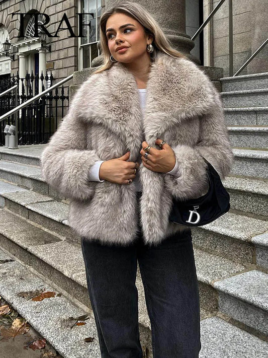 TRAFZA Women Fashion Cropped Faux Fur Jacket Coat