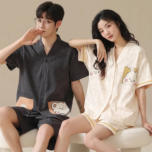 Bear Cartoon Summer Couple Pajama Set – Cotton Kimono Shorts