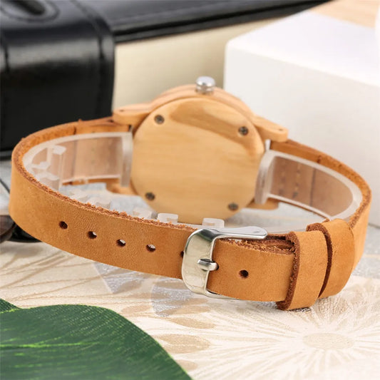 Trendy Minimalist Blue Dial Women Watches Natural Bamboo Wood Case