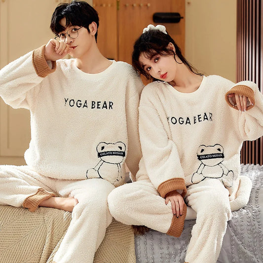 Bear Cartoon Flannel Couple Pajama Set – Warm Winter Loungewear