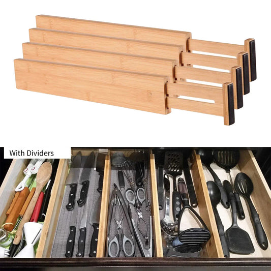 Adjustable Bamboo Kitchen Drawer Dividers – 4-Pack, Spring-Loaded